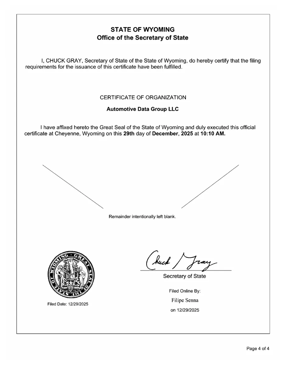 Certificate of Organization for Automotive Data Group LLC, issued by the Wyoming Secretary of State on 29 December 2025